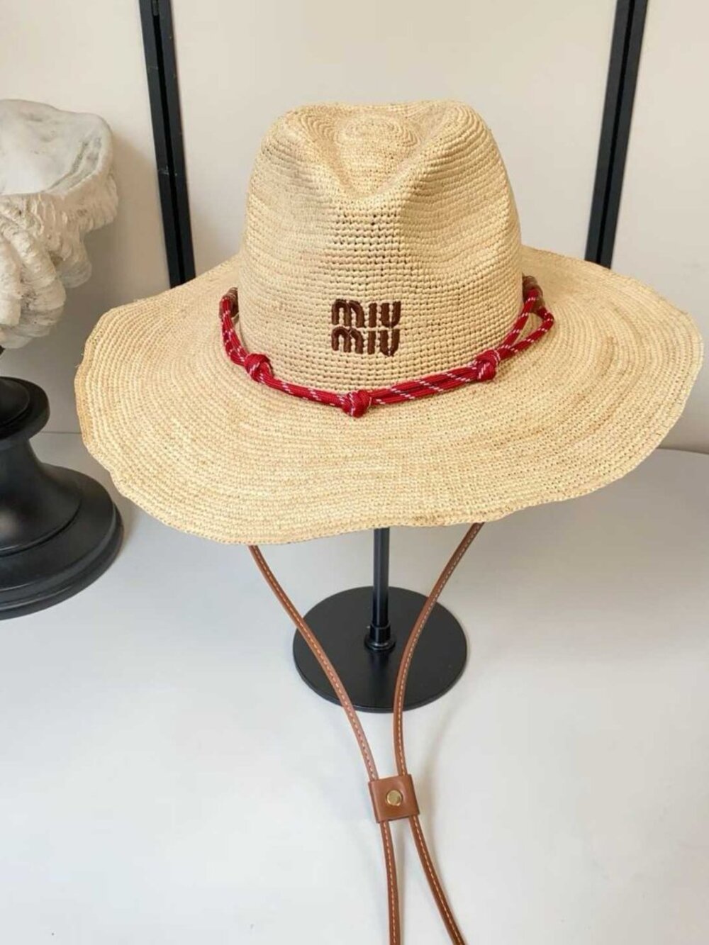 Miu Miu Raffia Wide Brim Cowboy Hat, Red Braided Strap Windproof Straw Sun Hat - Picture 6 of 9